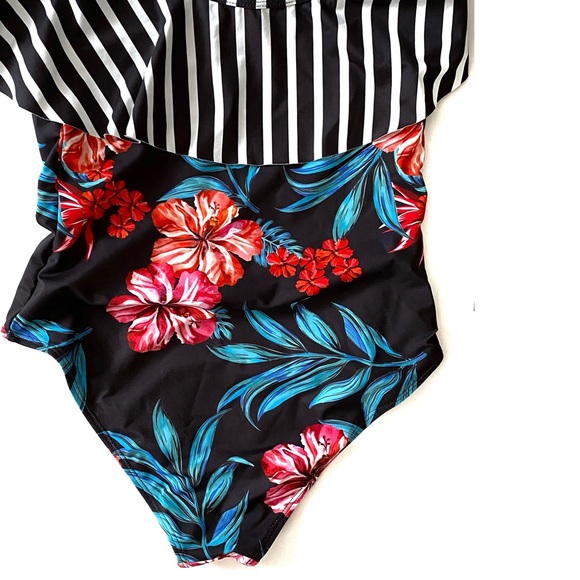 Tropical Swimwear One-Piece Swimsuit Floral Print Stripe Ruffle Top Bathing Suit - Picture 8 of 16
